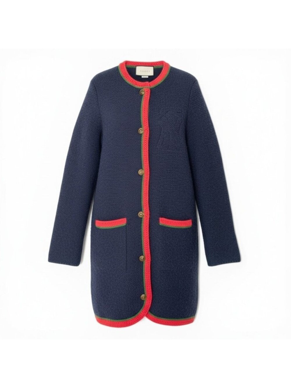 Gucci I NY Yankees Wool Knit Long Cardigan Coat Interlocking G Button Navy